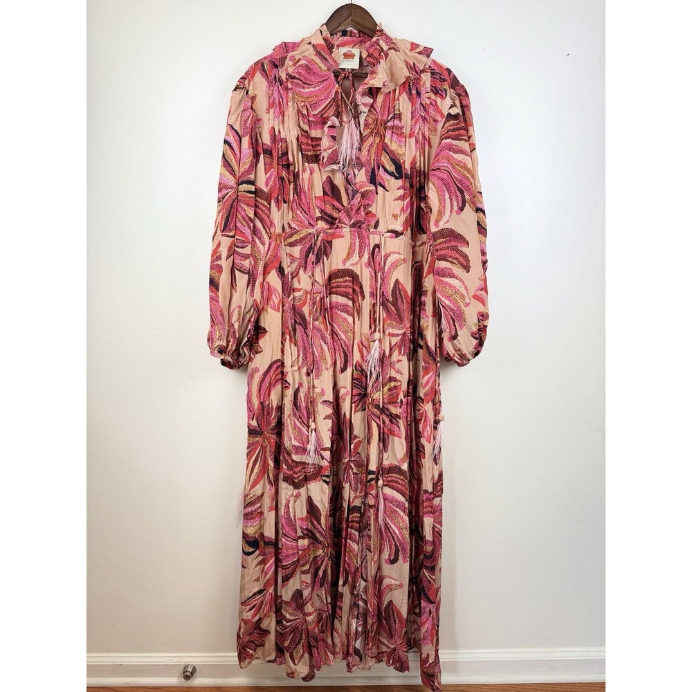 Farm Rio Maxi Chiffon Dress L Floral Rose Pink Feminine